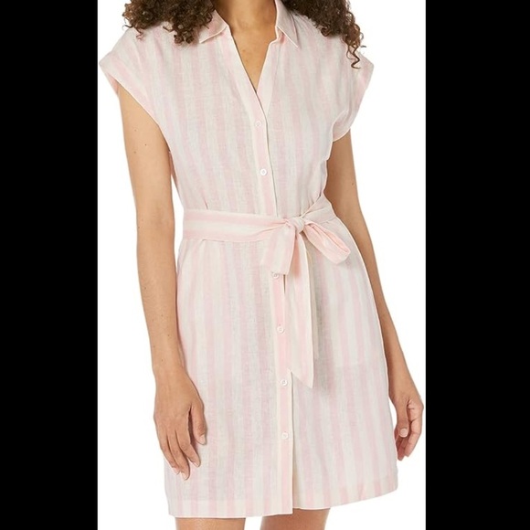 Draper James Trisha Linen Button Front Shirt Dress S Cabana Stripe Pink - Picture 1 of 8